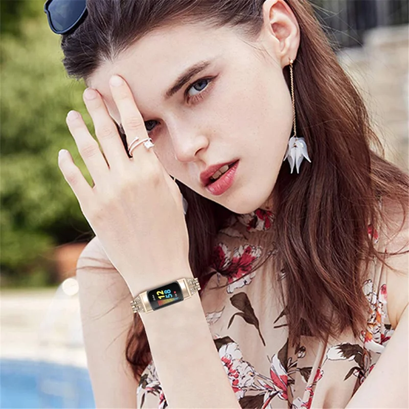 Fashion Women Replacement 2 Rows Rhinestone Metal Watch Band Strap for Fitbit Charge 6 / 5 - Retro Gold