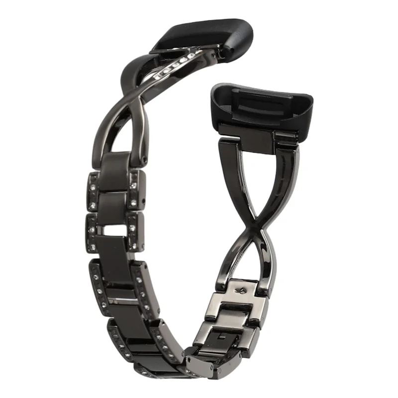 Aluminum Alloy X-shaped Watch Strap with Rhinestones Decor Smart Watch Band Wrist Strap for Fitbit Charge 6 / 5 - Black