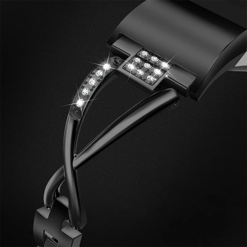 Aluminum Alloy X-shaped Watch Strap with Rhinestones Decor Smart Watch Band Wrist Strap for Fitbit Charge 6 / 5 - Black