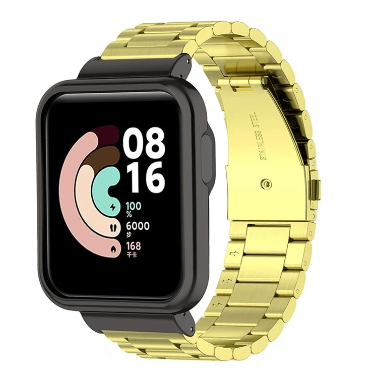 Remplacement de la bracelet montre en acier inoxydable 304 avec trois perles et protecteur de boîtier de montre + outil d'installation pour Xiaomi Redmi Watch / Mi Watch Lite - Or