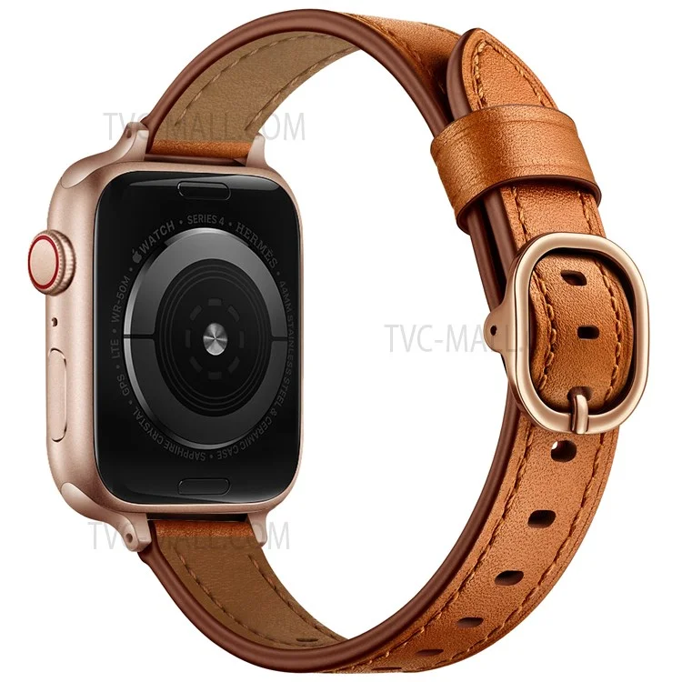Bracelet de montre intelligent en cuir véritable avec boucle en métal pour Apple Watch Série 10 42mm / 9 8 7 41mm / 6 5 4 SE SE (2022) SE (2023) 40mm / 3 2 1 38mm - Boucle marron / rose gold