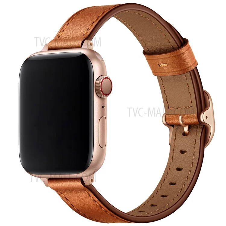 Bracelet de montre intelligent en cuir véritable avec boucle en métal pour Apple Watch Série 10 42mm / 9 8 7 41mm / 6 5 4 SE SE (2022) SE (2023) 40mm / 3 2 1 38mm - Boucle marron / rose gold
