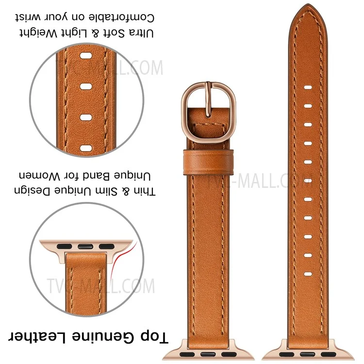 Bracelet de montre intelligent en cuir véritable avec boucle en métal pour Apple Watch Série 10 42mm / 9 8 7 41mm / 6 5 4 SE SE (2022) SE (2023) 40mm / 3 2 1 38mm - Boucle marron / rose gold
