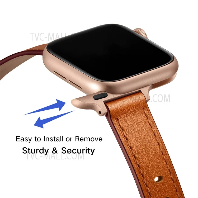 Bracelet de montre intelligent en cuir véritable avec boucle en métal pour Apple Watch Série 10 42mm / 9 8 7 41mm / 6 5 4 SE SE (2022) SE (2023) 40mm / 3 2 1 38mm - Boucle marron / rose gold