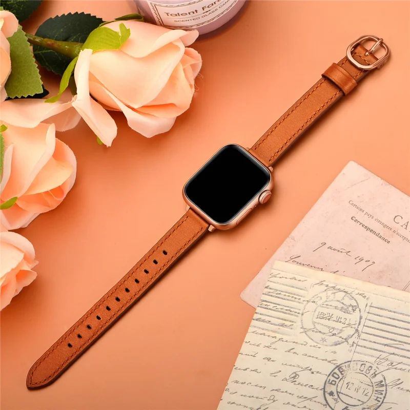 Bracelet de montre intelligent en cuir véritable avec boucle en métal pour Apple Watch Série 10 42mm / 9 8 7 41mm / 6 5 4 SE SE (2022) SE (2023) 40mm / 3 2 1 38mm - Boucle marron / rose gold