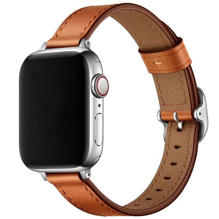 Cinturino per smartwatch in vera pelle Genuine Leather, con fibbia in metallo per Apple Watch Serie 10 42 mm / 9 8 7 41 mm / 6 5 4 SE SE (2022) SE (2023) 40 mm / 3 2 1 38 mm - Marrone / Fibbia argento