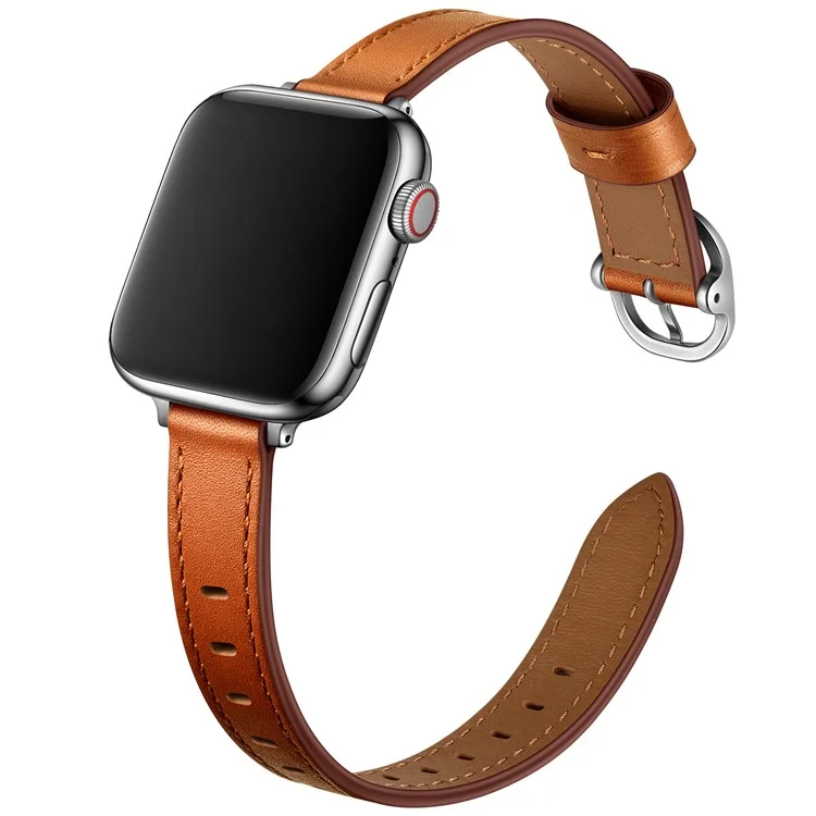 Cinturino per smartwatch in vera pelle Genuine Leather, con fibbia in metallo per Apple Watch Serie 10 42 mm / 9 8 7 41 mm / 6 5 4 SE SE (2022) SE (2023) 40 mm / 3 2 1 38 mm - Marrone / Fibbia argento