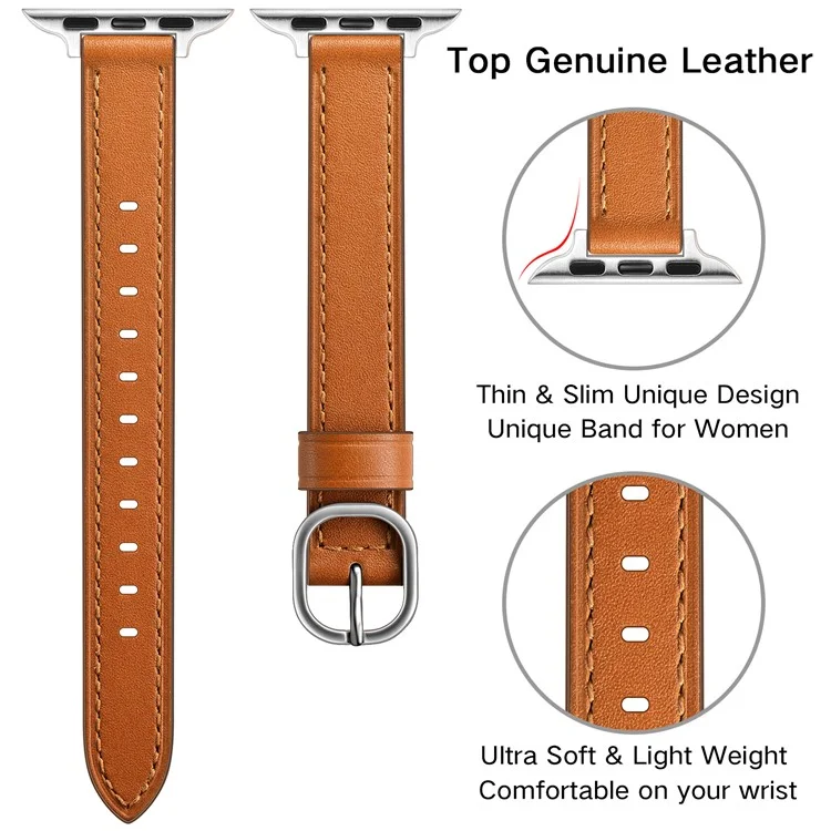 Cinturino per smartwatch in vera pelle Genuine Leather, con fibbia in metallo per Apple Watch Serie 10 42 mm / 9 8 7 41 mm / 6 5 4 SE SE (2022) SE (2023) 40 mm / 3 2 1 38 mm - Marrone / Fibbia argento