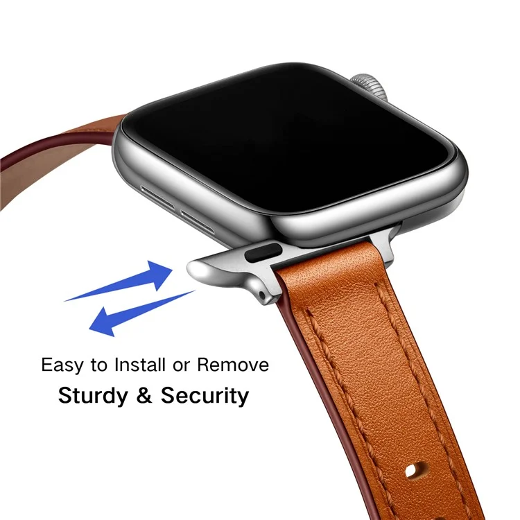 Cinturino per smartwatch in vera pelle Genuine Leather, con fibbia in metallo per Apple Watch Serie 10 42 mm / 9 8 7 41 mm / 6 5 4 SE SE (2022) SE (2023) 40 mm / 3 2 1 38 mm - Marrone / Fibbia argento