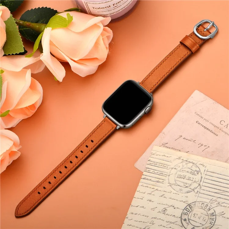 Cinturino per smartwatch in vera pelle Genuine Leather, con fibbia in metallo per Apple Watch Serie 10 42 mm / 9 8 7 41 mm / 6 5 4 SE SE (2022) SE (2023) 40 mm / 3 2 1 38 mm - Marrone / Fibbia argento