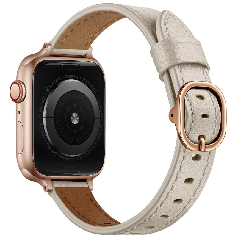 Genuine Leather Smart Watch Strap Metal Buckle Wristband for Apple Watch Series 11 10 42mm / 9 8 7 41mm / SE3 SE2 SE 6 5 4 40mm / 3 2 1 38mm - Beige / Rose SE(2022) Gold Buckle