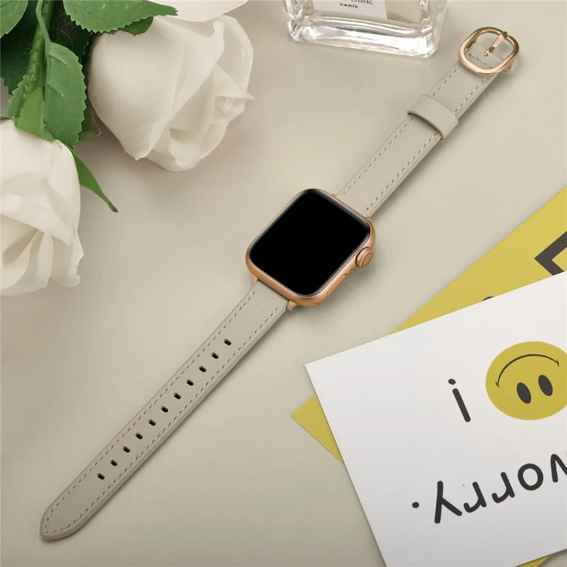 Genuine Leather Smart Watch Strap Metal Buckle Wristband for Apple Watch Series 11 10 42mm / 9 8 7 41mm / SE3 SE2 SE 6 5 4 40mm / 3 2 1 38mm - Beige / Rose SE(2022) Gold Buckle