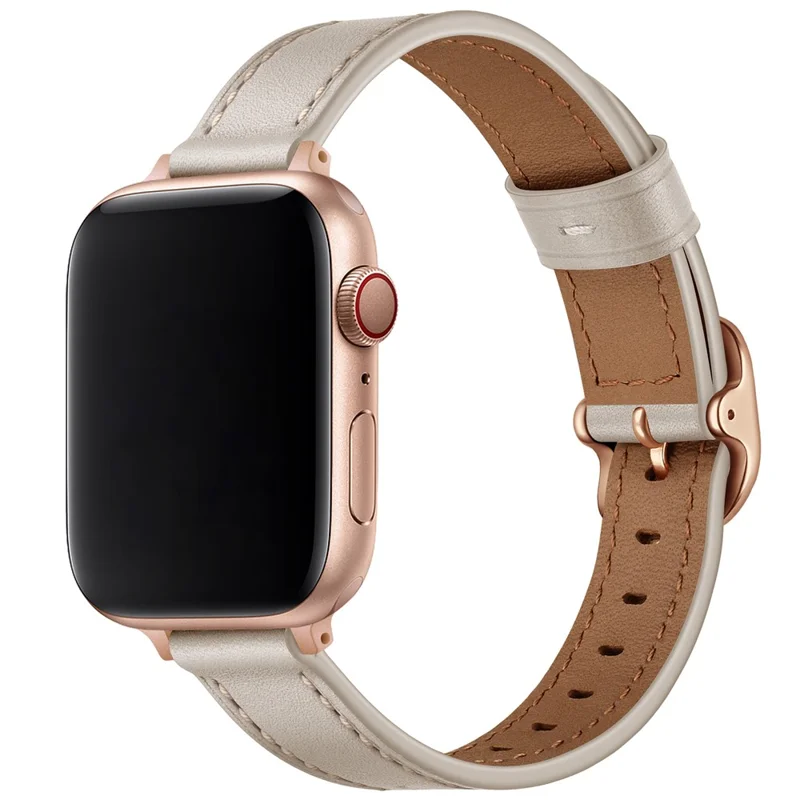 Genuine Leather Smart Watch Strap Metal Buckle Wristband for Apple Watch Series 11 10 42mm / 9 8 7 41mm / SE3 SE2 SE 6 5 4 40mm / 3 2 1 38mm - Beige / Rose SE(2022) Gold Buckle
