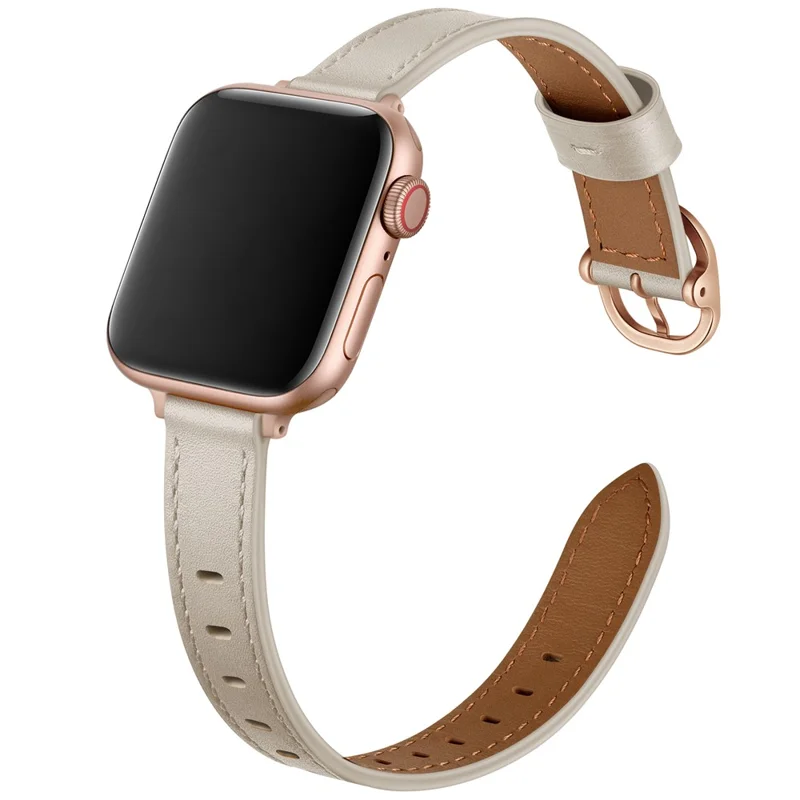 Genuine Leather Smart Watch Strap Metal Buckle Wristband for Apple Watch Series 11 10 42mm / 9 8 7 41mm / SE3 SE2 SE 6 5 4 40mm / 3 2 1 38mm - Beige / Rose SE(2022) Gold Buckle