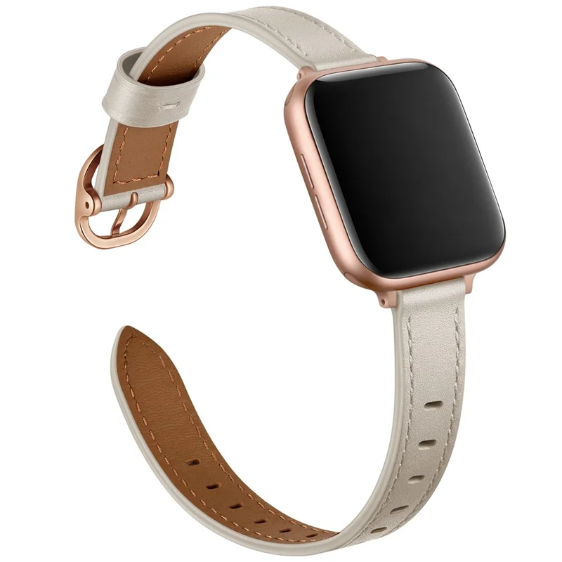 Genuine Leather Smart Watch Strap Metal Buckle Wristband for Apple Watch Series 11 10 42mm / 9 8 7 41mm / SE3 SE2 SE 6 5 4 40mm / 3 2 1 38mm - Beige / Rose SE(2022) Gold Buckle