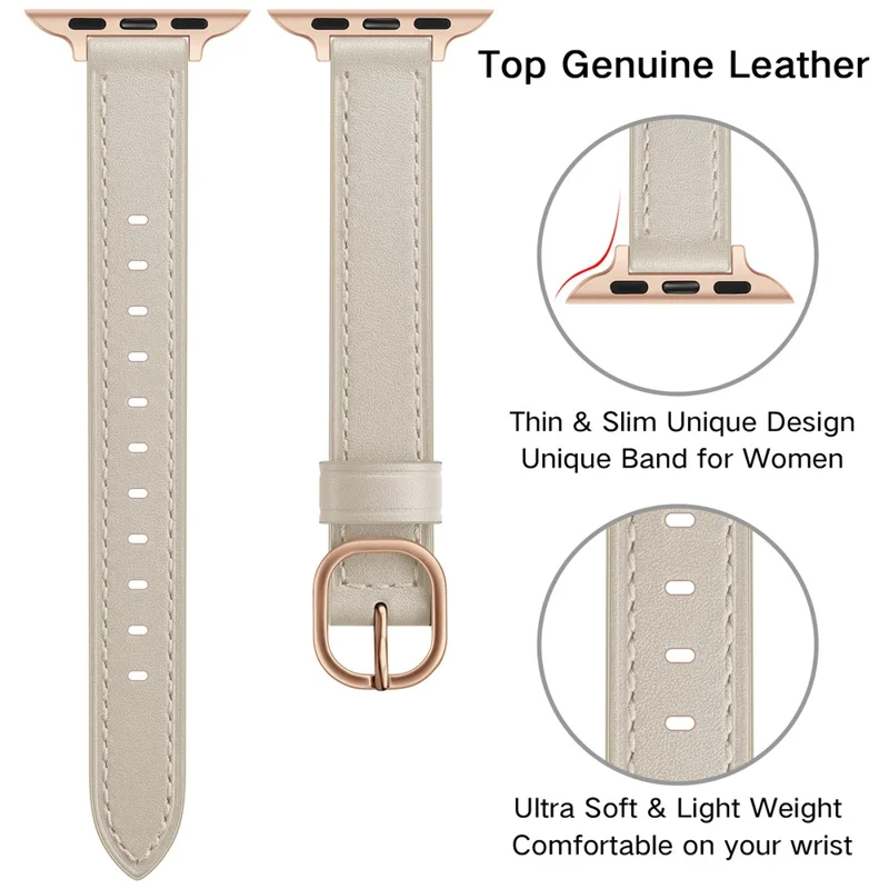 Genuine Leather Smart Watch Strap Metal Buckle Wristband for Apple Watch Series 11 10 42mm / 9 8 7 41mm / SE3 SE2 SE 6 5 4 40mm / 3 2 1 38mm - Beige / Rose SE(2022) Gold Buckle