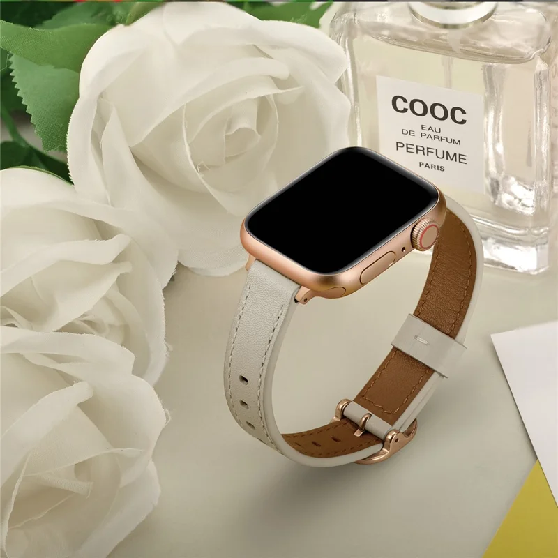 Genuine Leather Smart Watch Strap Metal Buckle Wristband for Apple Watch Series 11 10 42mm / 9 8 7 41mm / SE3 SE2 SE 6 5 4 40mm / 3 2 1 38mm - Beige / Rose SE(2022) Gold Buckle