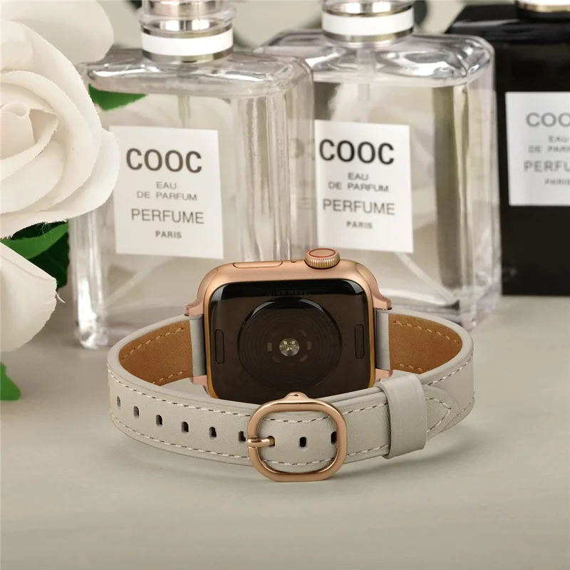 Genuine Leather Smart Watch Strap Metal Buckle Wristband for Apple Watch Series 11 10 42mm / 9 8 7 41mm / SE3 SE2 SE 6 5 4 40mm / 3 2 1 38mm - Beige / Rose SE(2022) Gold Buckle