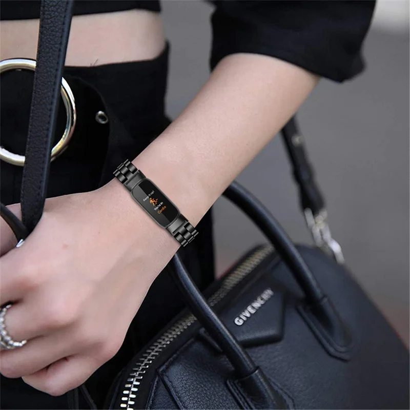 Três Contas de Aço Inoxidável Relógio Inteligente Substituição de Banda Metal Strap For Fitbit Luxe - Preto