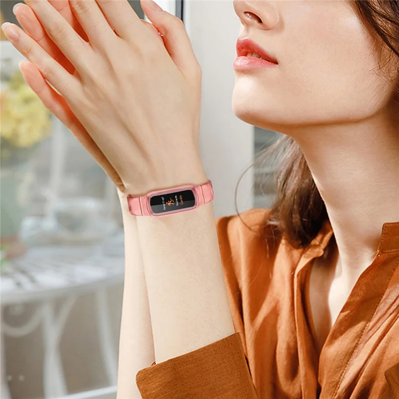 Clear Soft Silicone Integrated Protective Case Watch Strap Replacement Watchband for Fitbit Luxe - Transparent Pink