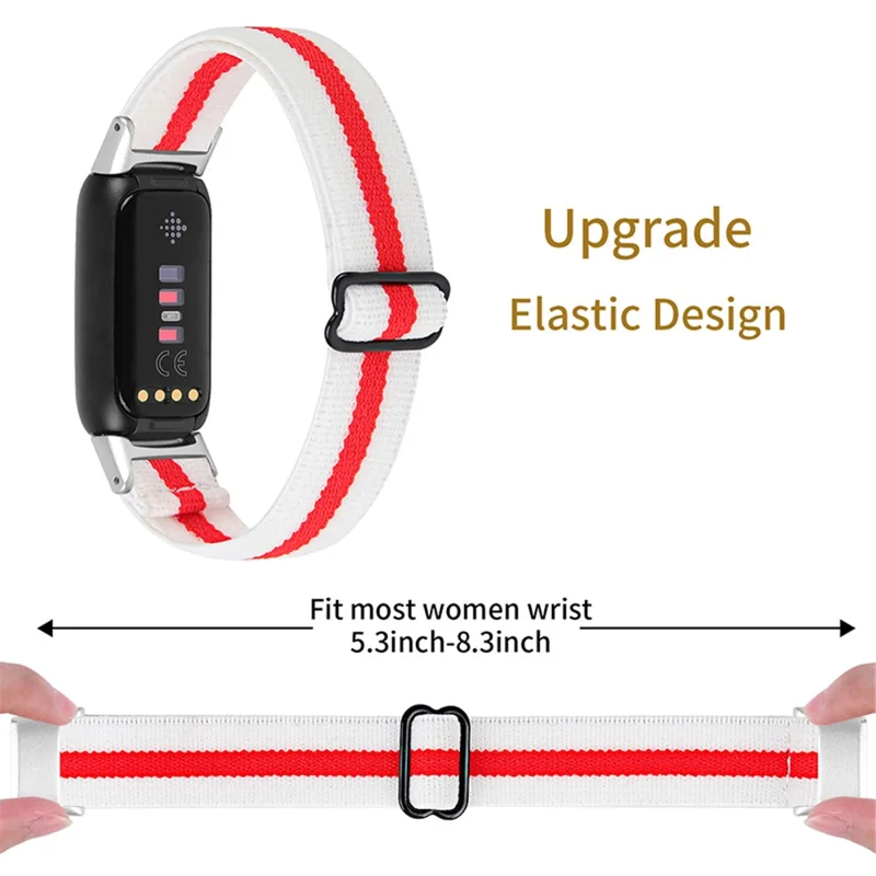 Color Splicing Elastic Nylon Watch Band Solo Loop Adjustable Strap Replacement for Fitbit Luxe - White/Red