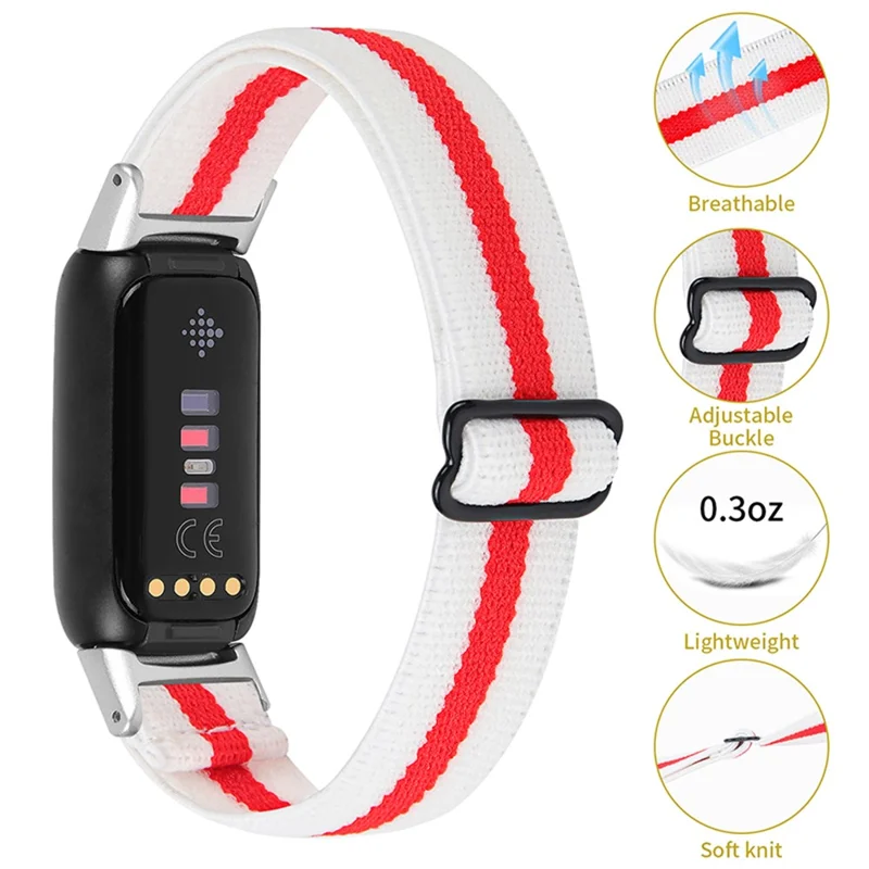 Color Splicing Elastic Nylon Watch Band Solo Loop Adjustable Strap Replacement for Fitbit Luxe - White/Red