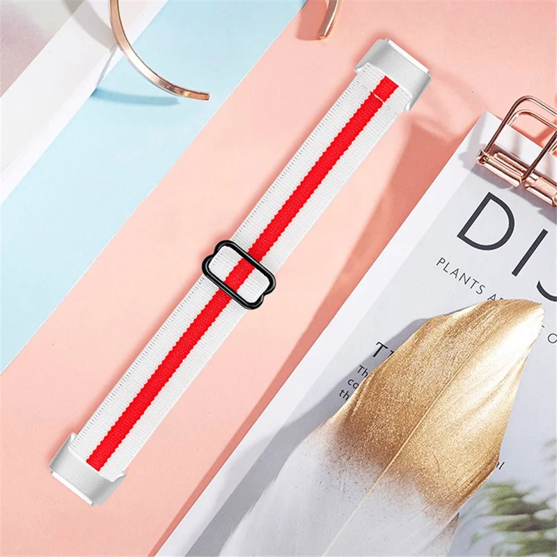 Color Splicing Elastic Nylon Watch Band Solo Loop Adjustable Strap Replacement for Fitbit Luxe - White/Red