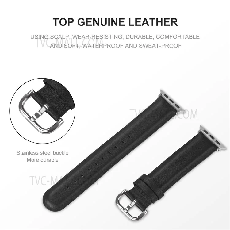 Smooth Top-Layer Cowhide Leather Genuine Leather Watch Strap for Apple Watch Series 10 42mm / 9 8 7 41mm / 6 5 4 SE SE (2022) SE (2023) 40mm / 3 2 1 38mm - Black