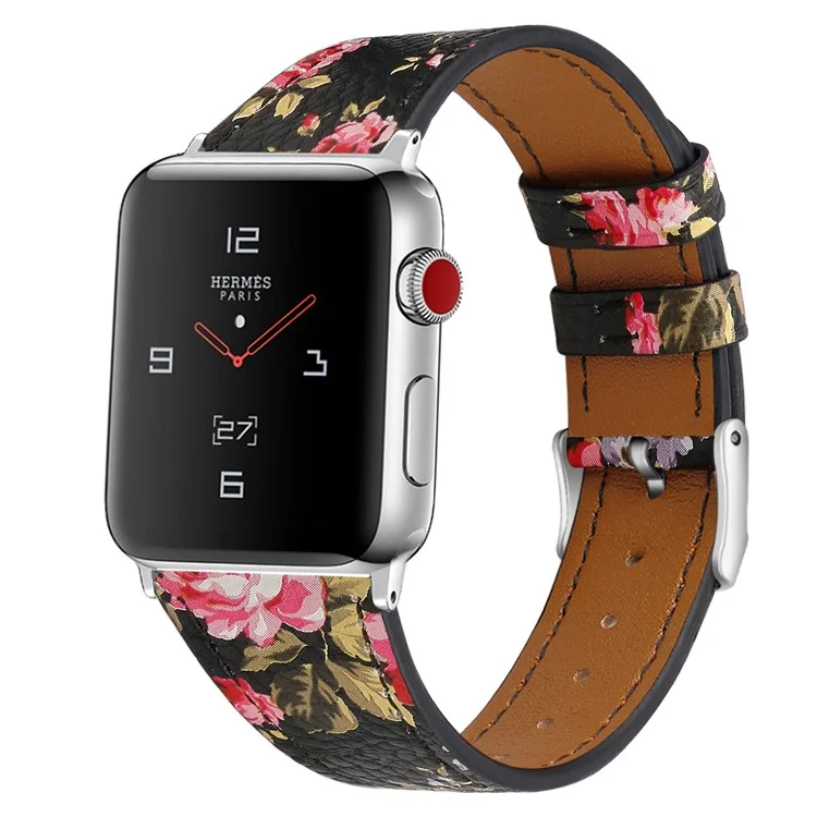 Armband für Apple Watch Series 10 9 8 7 SE 6 5 4 3 2 1 42mm 41mm 40mm 38mm Verstellbares Armband aus hochwertigem Rindsleder - Schwarz / Rosa Blume
