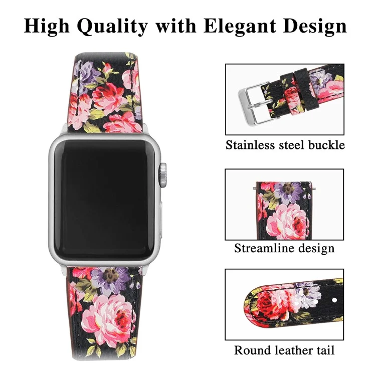 Armband für Apple Watch Series 10 9 8 7 SE 6 5 4 3 2 1 42mm 41mm 40mm 38mm Verstellbares Armband aus hochwertigem Rindsleder - Schwarz / Rosa Blume