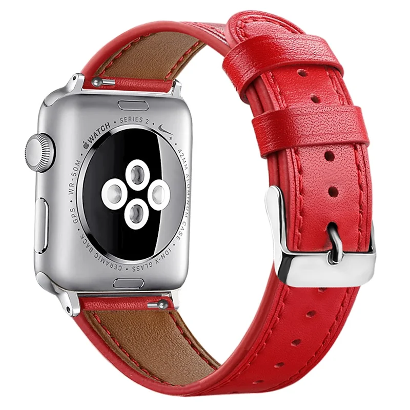 Top Layer Cowhide Genuine Leather Watch Strap Replacement Band for Apple Watch Ultra 3 2 1 49mm / Series 11 10 46mm / 9 8 7 45mm / SE3 SE2 SE 6 5 4 44mm / 3 2 1 42mm - Red