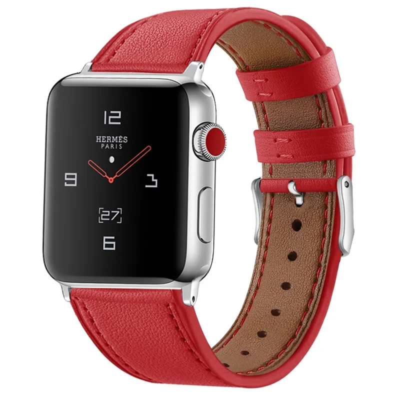 Top Layer Cowhide Genuine Leather Watch Strap Replacement Band for Apple Watch Ultra 3 2 1 49mm / Series 11 10 46mm / 9 8 7 45mm / SE3 SE2 SE 6 5 4 44mm / 3 2 1 42mm - Red