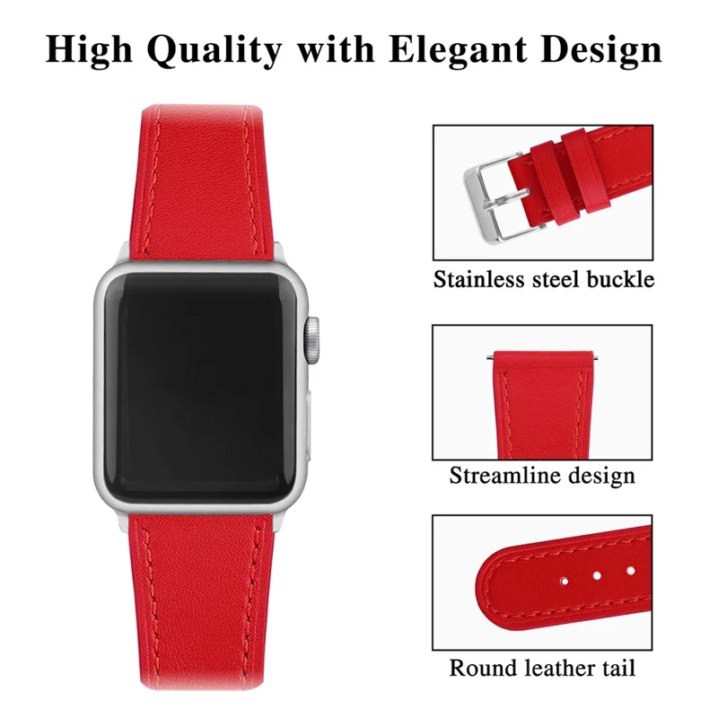 Top Layer Cowhide Genuine Leather Watch Strap Replacement Band for Apple Watch Ultra 3 2 1 49mm / Series 11 10 46mm / 9 8 7 45mm / SE3 SE2 SE 6 5 4 44mm / 3 2 1 42mm - Red