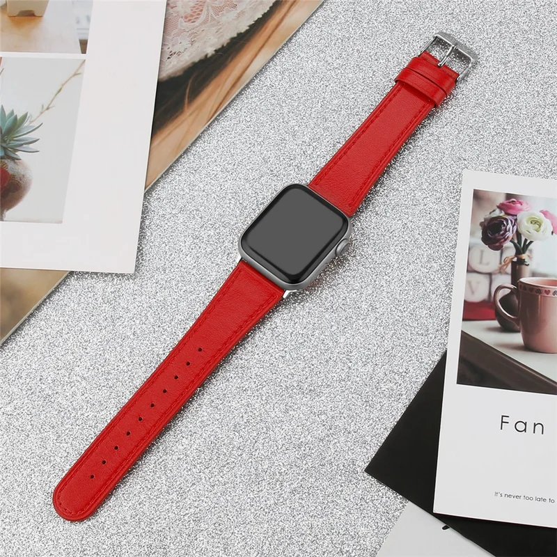 Top Layer Cowhide Genuine Leather Watch Strap Replacement Band for Apple Watch Ultra 3 2 1 49mm / Series 11 10 46mm / 9 8 7 45mm / SE3 SE2 SE 6 5 4 44mm / 3 2 1 42mm - Red