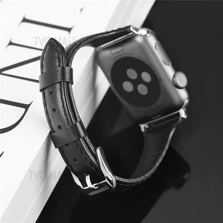 B6 Replacement Stitching Line Genuine Leather Watch Strap Band for Apple Watch Series 10 42mm / 9 8 7 41mm / 6 5 4 SE SE (2022) SE (2023) 40mm / 3 2 1 38mm - Black