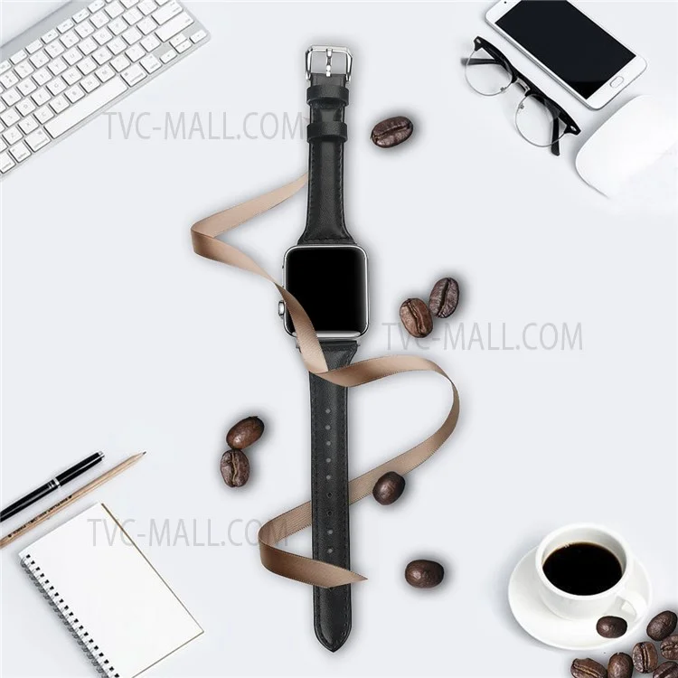 B6 Replacement Stitching Line Genuine Leather Watch Strap Band for Apple Watch Series 10 42mm / 9 8 7 41mm / 6 5 4 SE SE (2022) SE (2023) 40mm / 3 2 1 38mm - Black