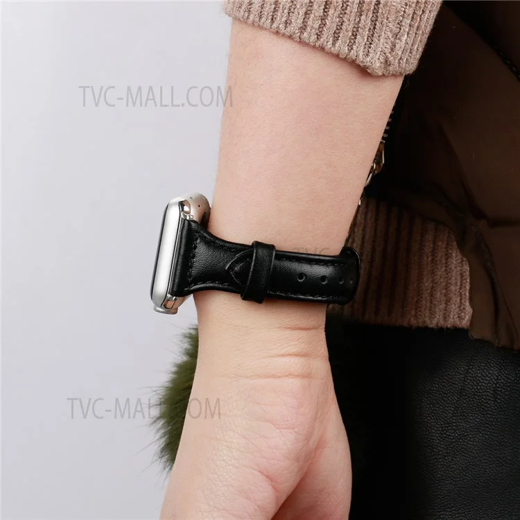 B6 Replacement Stitching Line Genuine Leather Watch Strap Band for Apple Watch Series 10 42mm / 9 8 7 41mm / 6 5 4 SE SE (2022) SE (2023) 40mm / 3 2 1 38mm - Black