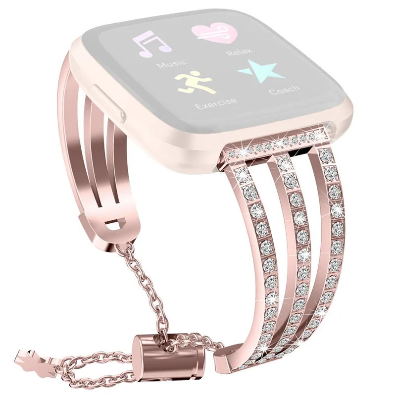 Metal Chain Watch Strap Slide Bracelet with 3-row Rhinestone Decor for Fitbit Versa 2/Versa Lite - Rose Gold