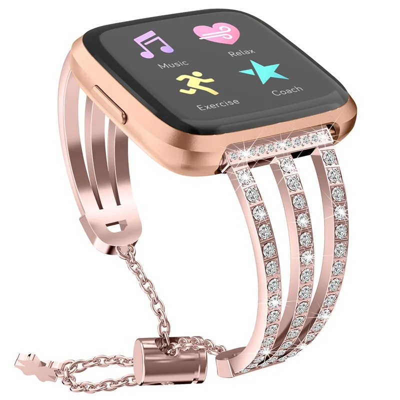 Metal Chain Watch Strap Slide Bracelet with 3-row Rhinestone Decor for Fitbit Versa 2/Versa Lite - Rose Gold