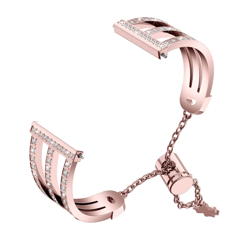 Metal Chain Watch Strap Slide Bracelet with 3-row Rhinestone Decor for Fitbit Versa 2/Versa Lite - Rose Gold