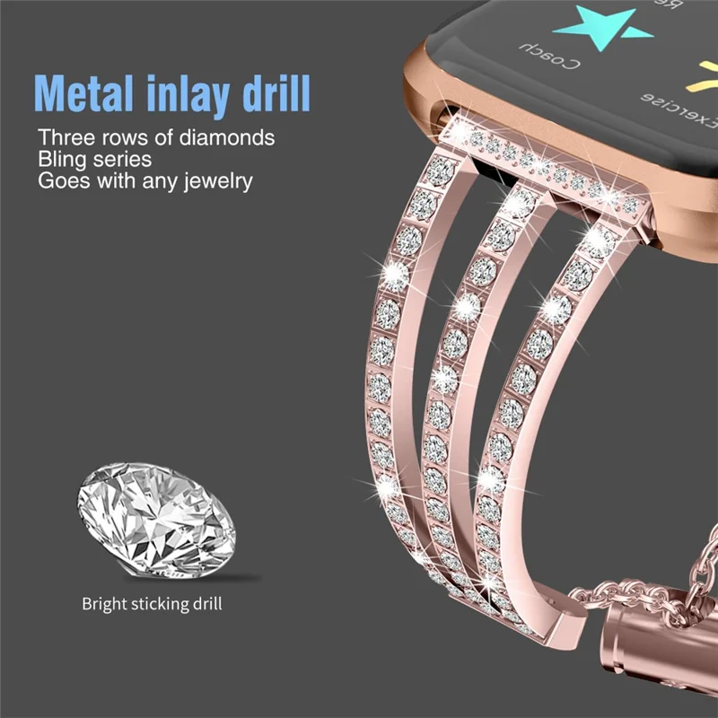 Metal Chain Watch Strap Slide Bracelet with 3-row Rhinestone Decor for Fitbit Versa 2/Versa Lite - Rose Gold