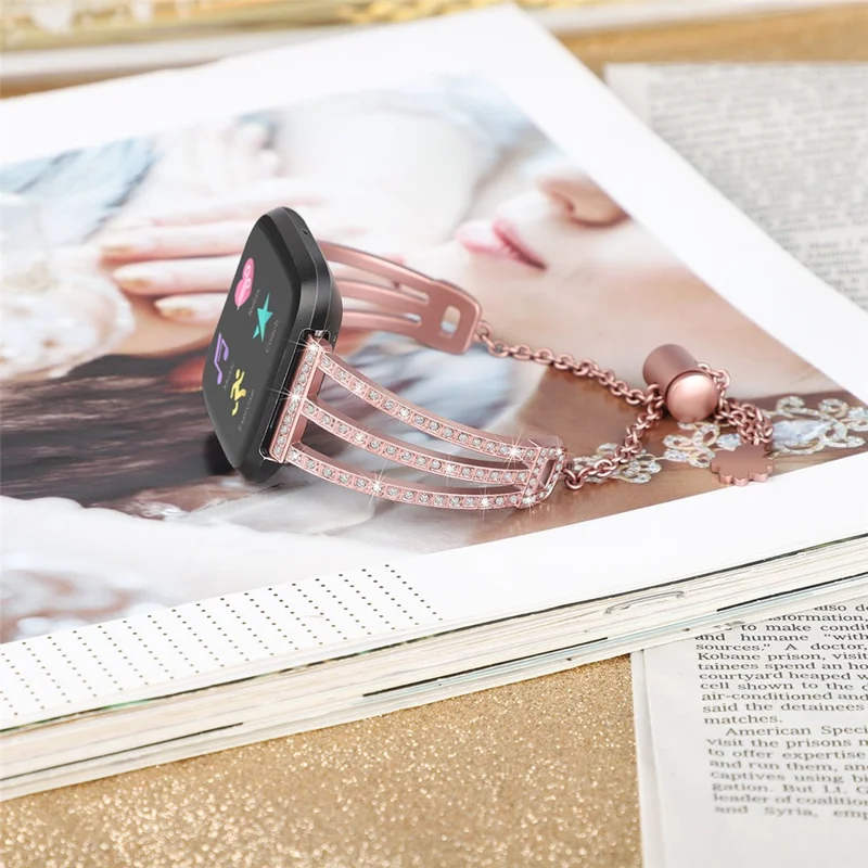 Metal Chain Watch Strap Slide Bracelet with 3-row Rhinestone Decor for Fitbit Versa 2/Versa Lite - Rose Gold