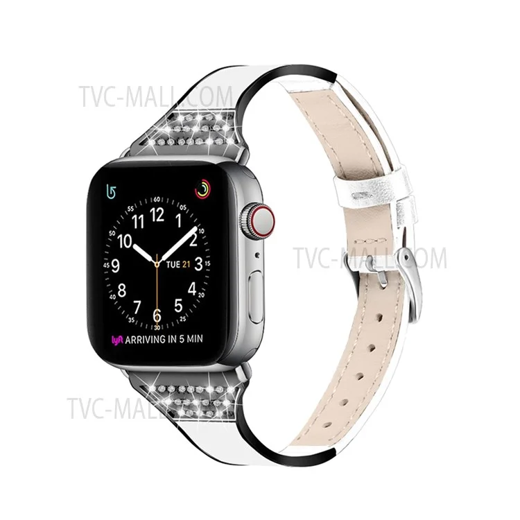 Rhinestone Decorative Ceramic+Stainless Steel+Genuine Leather Watchband for Apple Watch Series 10 46mm / Ultra 2 Ultra 49mm / 9 8 7 45mm / SE (2023) SE (2022) SE 6 5 4 44mm / 3 2 1 42mm - White