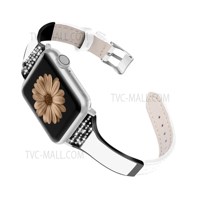 Rhinestone Decorative Ceramic+Stainless Steel+Genuine Leather Watchband for Apple Watch Series 10 46mm / Ultra 2 Ultra 49mm / 9 8 7 45mm / SE (2023) SE (2022) SE 6 5 4 44mm / 3 2 1 42mm - White