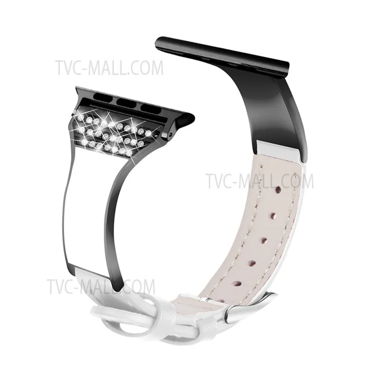 Rhinestone Decorative Ceramic+Stainless Steel+Genuine Leather Watchband for Apple Watch Series 10 46mm / Ultra 2 Ultra 49mm / 9 8 7 45mm / SE (2023) SE (2022) SE 6 5 4 44mm / 3 2 1 42mm - White