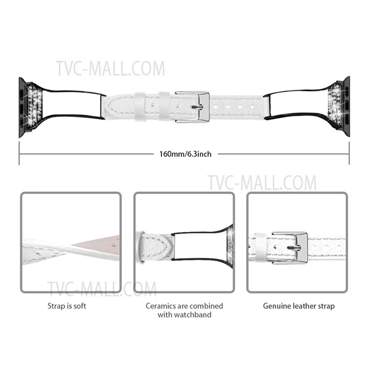 Rhinestone Decorative Ceramic+Stainless Steel+Genuine Leather Watchband for Apple Watch Series 10 46mm / Ultra 2 Ultra 49mm / 9 8 7 45mm / SE (2023) SE (2022) SE 6 5 4 44mm / 3 2 1 42mm - White