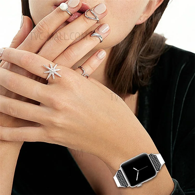 Rhinestone Decorative Ceramic+Stainless Steel+Genuine Leather Watchband for Apple Watch Series 10 46mm / Ultra 2 Ultra 49mm / 9 8 7 45mm / SE (2023) SE (2022) SE 6 5 4 44mm / 3 2 1 42mm - White