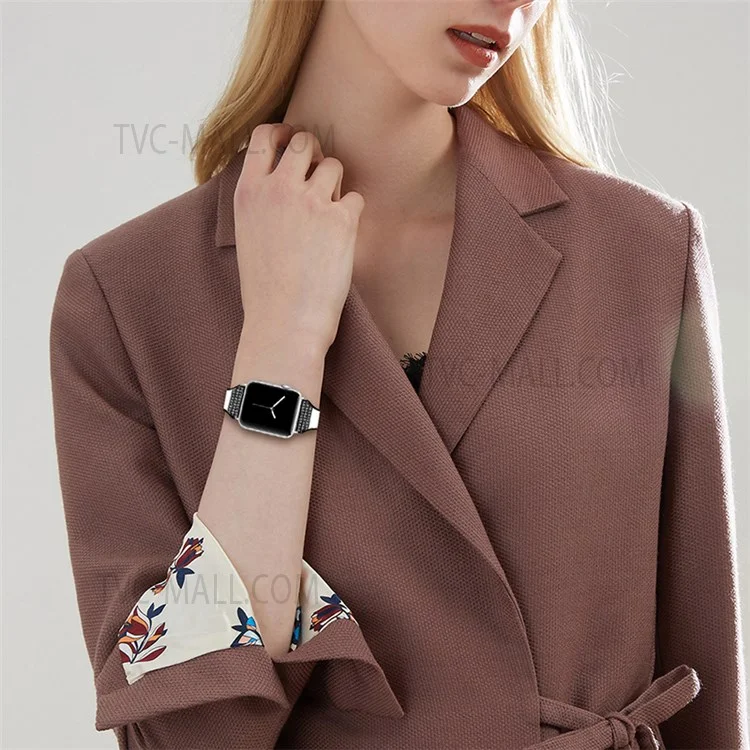 Rhinestone Decorative Ceramic+Stainless Steel+Genuine Leather Watchband for Apple Watch Series 10 46mm / Ultra 2 Ultra 49mm / 9 8 7 45mm / SE (2023) SE (2022) SE 6 5 4 44mm / 3 2 1 42mm - White