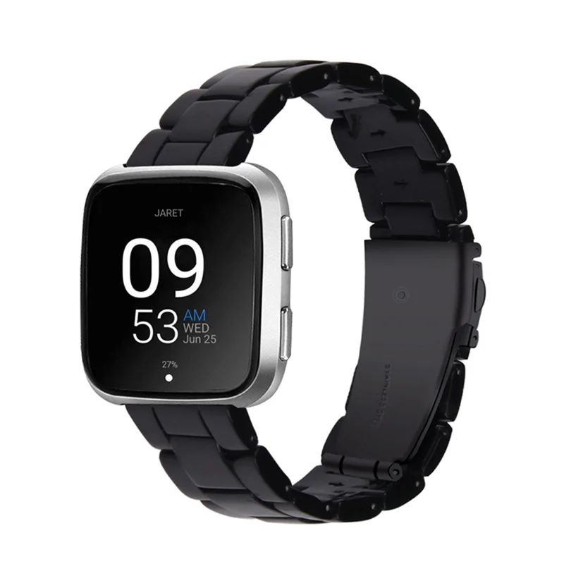 Quick Release 3 Beads Resin Watch Strap with Stainless Steel Folding Clasp for Fitbit Versa 2/Fitbit Versa/Versa Lite/Versa SE - Black