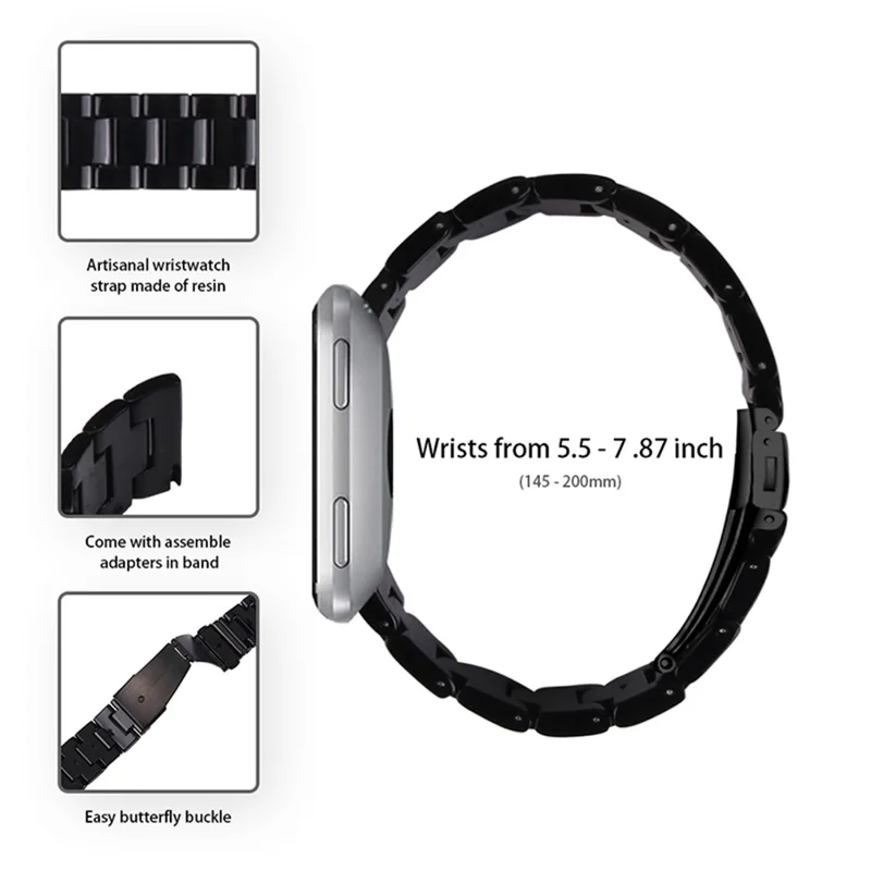 Quick Release 3 Beads Resin Watch Strap with Stainless Steel Folding Clasp for Fitbit Versa 2/Fitbit Versa/Versa Lite/Versa SE - Black